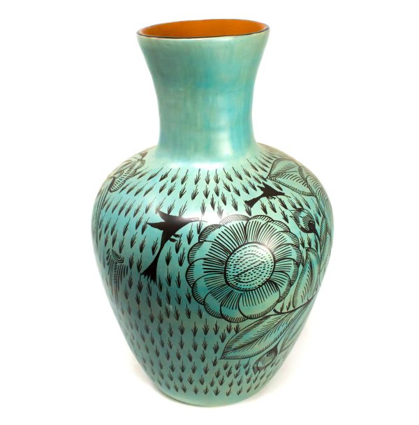 Elongated Wide Mouthed Green Black Vase, Burnished Clay Online Sale