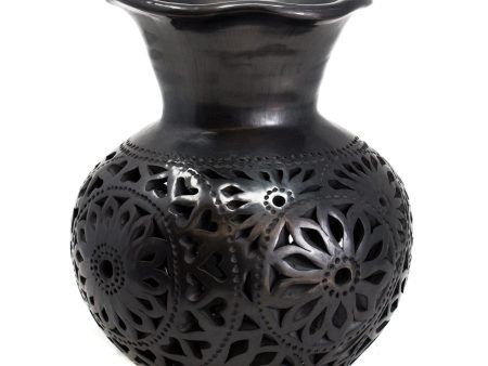 Wavy Mouthed Flower Covered Flower Pot, Oaxaca Black Clay Online now