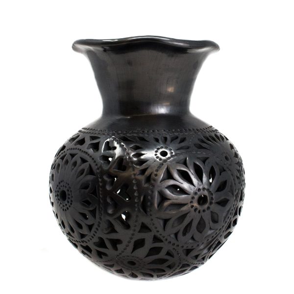 Wavy Mouthed Flower Covered Flower Pot, Oaxaca Black Clay Online now