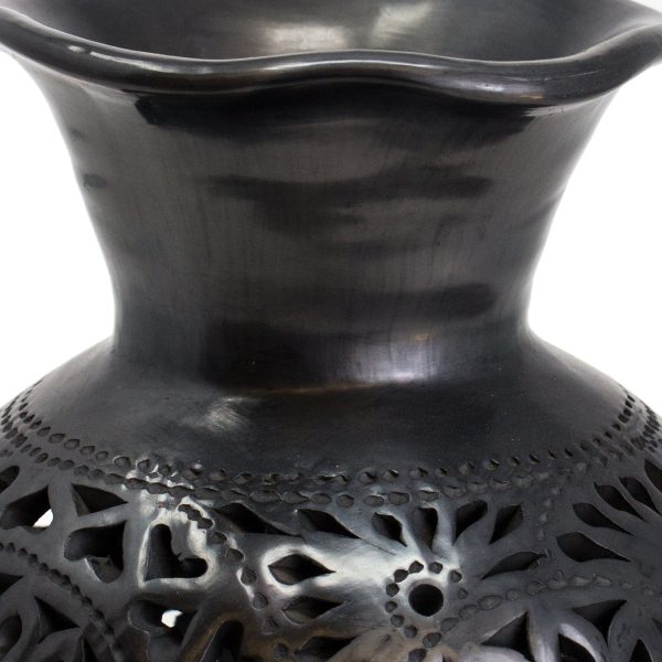 Wavy Mouthed Flower Covered Flower Pot, Oaxaca Black Clay Online now