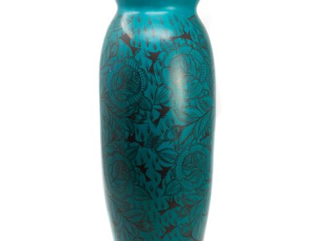 Elongated Turquoise Black Vase, Burnished Clay on Sale