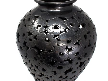 Large Textured Pitcher with Pierced Flowers, Oaxaca Black Clay Supply