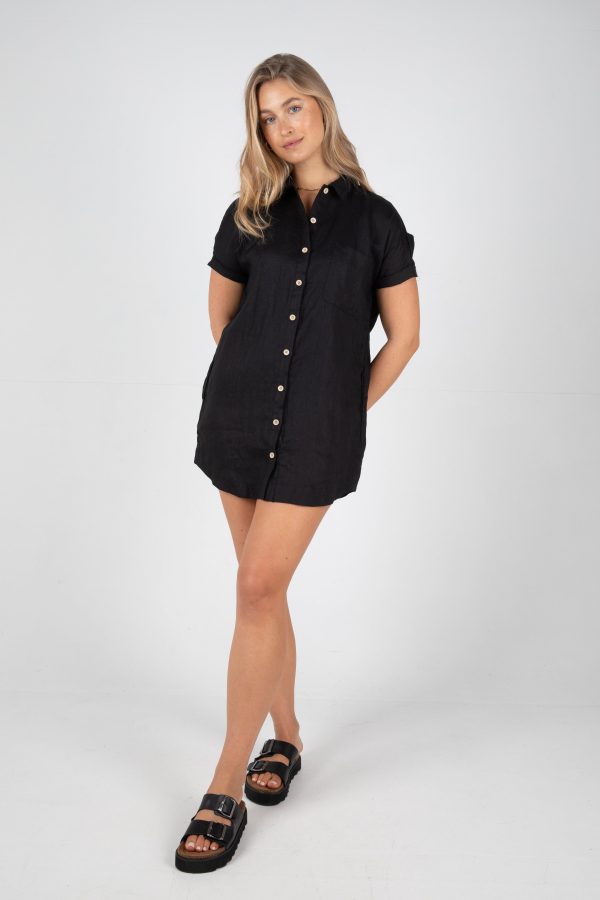 RAYLEIGH LINEN SHIRT DRESS - BLACK on Sale