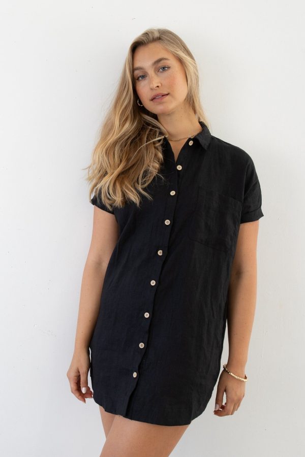 RAYLEIGH LINEN SHIRT DRESS - BLACK on Sale