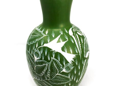 Elongated Wide Mouthed White Green Vase, Burnished Clay Discount