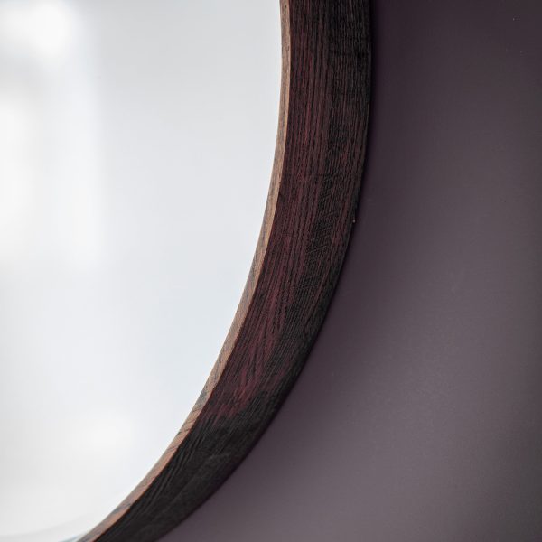 Amos Walnut stained wood medium round mirror For Sale