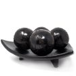 Triangular Fruit Platter with Four Balls, Scribed Black Clay For Sale