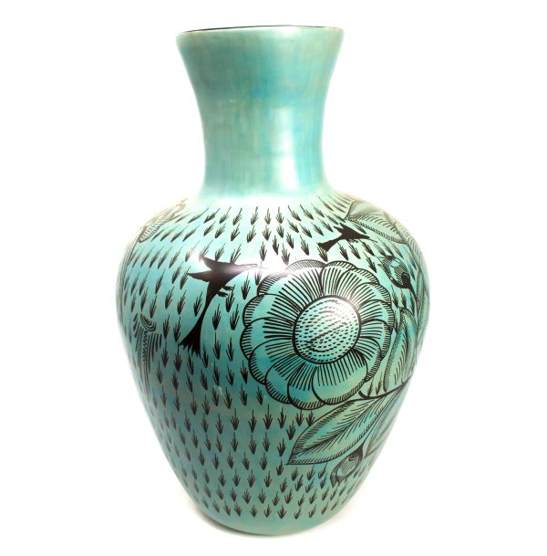 Elongated Wide Mouthed Green Black Vase, Burnished Clay Online Sale