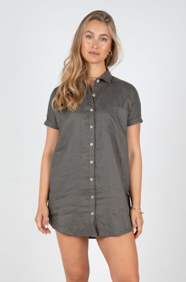 RAYLEIGH LINEN SHIRT DRESS - FOREST Supply