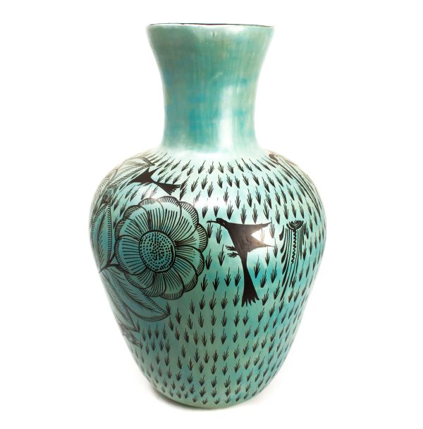 Elongated Wide Mouthed Green Black Vase, Burnished Clay Online Sale