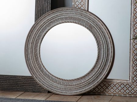 Amos White washed mango wood round mirror For Cheap