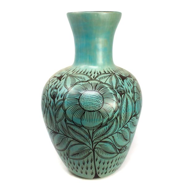 Elongated Wide Mouthed Green Black Vase, Burnished Clay Online Sale