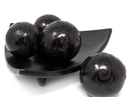 Triangular Fruit Platter with Four Balls, Scribed Black Clay For Sale