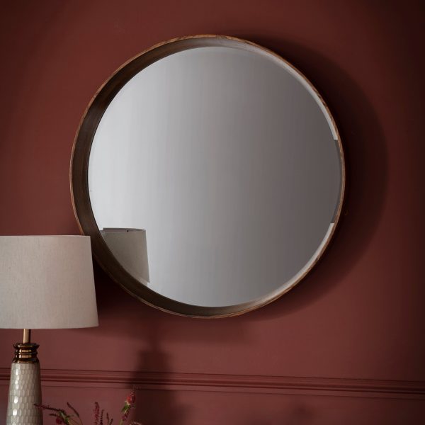 Amos Walnut stained wood medium round mirror For Sale